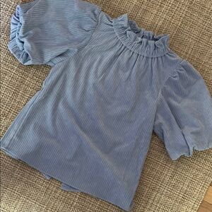 Blue Puff Sleeve Blouse with Ruffled Neckline
